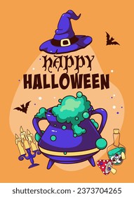 Happy Halloween banner design vector illustration. Cartoon Halloween party invitation with witch hat, potion bottle and cauldron with green magic liquid, vintage candles in candlestick and mushrooms