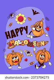 Happy Halloween banner design vector illustration. Cartoon Halloween party invitation with pumpkin psychedelic groovy characters, flying bats and funny candy with eyeball, spooky angry flowers