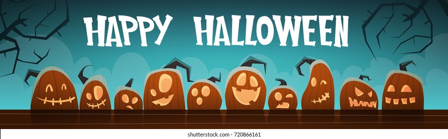 Happy Halloween Banner Different Pumpkins Traditional Decoration Greeting Card Flat Vector Illustration