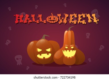 Happy Halloween Banner Different Pumpkins Traditional Decoration Greeting Card Flat Vector Illustration