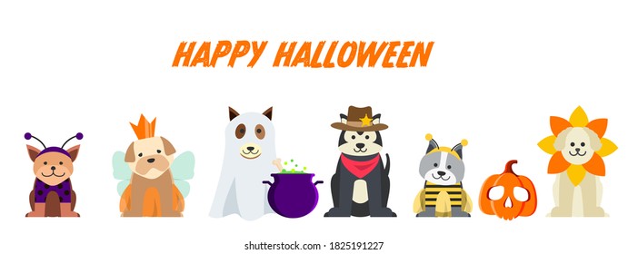 Happy Halloween Banner with dogs in costumes, pumpkin, witch pot, vector illustration
