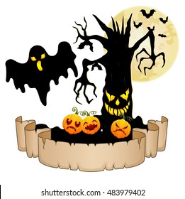 Happy Halloween banner with empty paper, ghosts, pumpkins, bats and spooky tree.Vector illustration