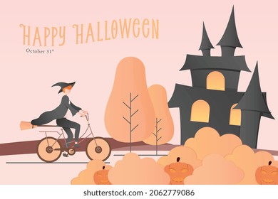 Happy halloween banner in the end of fall season. Vector illustration. Fall season, bicycle, pumpkin, castle, happy halloween.