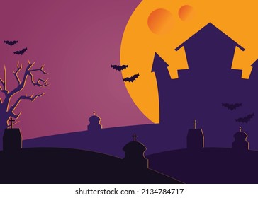 Happy Halloween banner or evening party invitation background Vector illustration. Full moon in the sky, and silhouette of witch's house. with copy space
