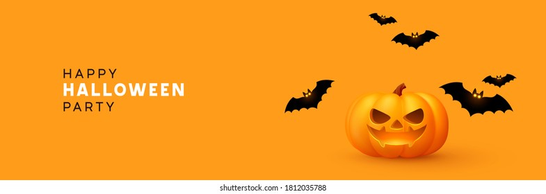 Happy Halloween banner. Festive background with realistic 3d orange pumpkins with cut scary smile and flying bats. Horizontal holiday poster, header for website. Vector illustration