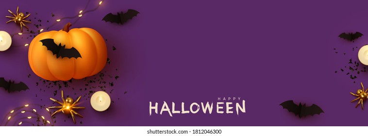 Happy Halloween banner. Festive background with realistic 3d orange pumpkins and flying bats, golden spider, candles, light garlands. Horizontal holiday poster, header for website. Vector illustration