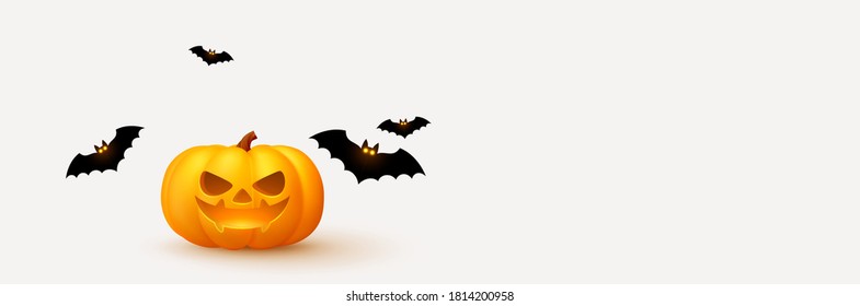 Cartel de Feliz Halloween. Fondo festivo con calabazas 3d realistas con sonrisa aterradora y murciélagos voladores. Afiche de vacaciones horizontales, cabecera del sitio web. Ilustración del vector