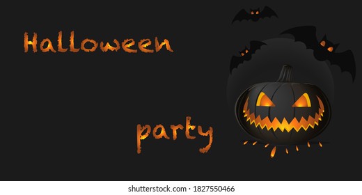 Happy Halloween banner. Festive background with realistic 3d black pumpkins with cut scary smile and flying bats. Horizontal holiday poster, header for website. Vector illustration