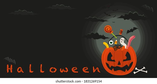 Happy Halloween banner. Festive background with black pumpkin with carved scary smile and flying bats. Pumpkin sweets. Horizontal festive poster, header for website. Vector illustration
