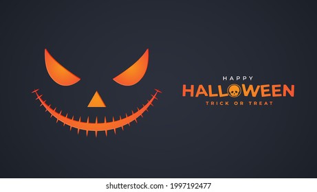 Happy Halloween banner. Festive background with glowing scary smiley face. Horizontal holiday poster, header for website. Vector illustration