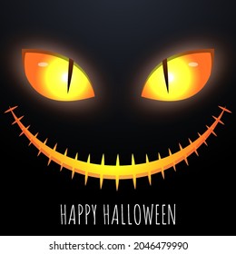 Happy Halloween banner. Festive background with glowing scary smiley face. Horizontal holiday poster, header for website. Vector illustration