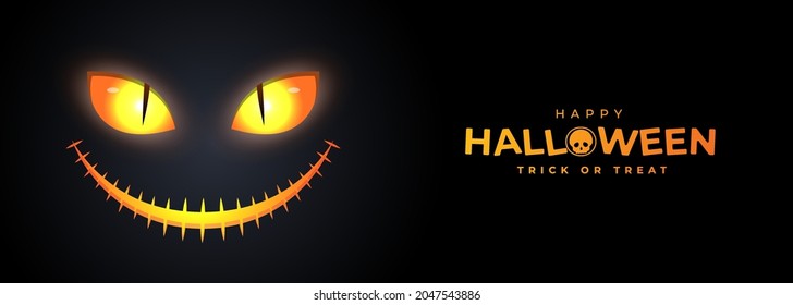 Happy Halloween banner. Festive background with glowing scary smiley face. Horizontal holiday poster, header for website. Vector illustration