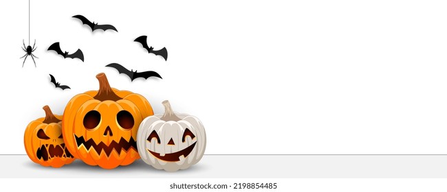 Happy Halloween banner. Festive background with orange and white pumpkins with spooky scary smile and flying bats. Horizontal poster happy Halloween. Vector illustration