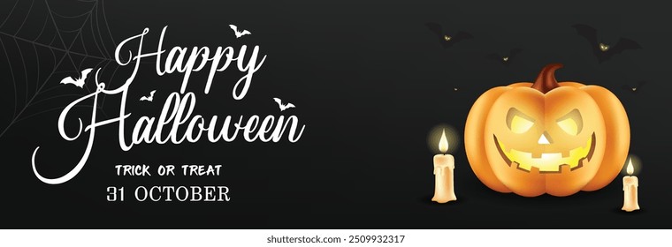 Happy Halloween banner. Festive background with realistic 3d black pumpkins with cut scary smile and flying bats. Horizontal holiday poster, header for website. Vector illustration