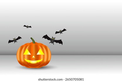 Happy Halloween banner. Festive background with realistic 3d orange pumpkins with flying bats. Horizontal holiday poster, header for website. Vector illustration