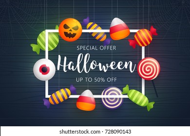 Happy Halloween banner, flyer. Cute candy.  Banners sale. Vector illustration.