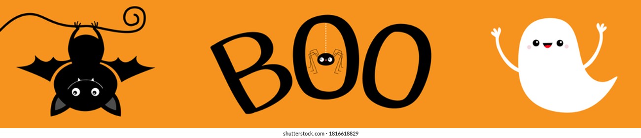 Happy Halloween banner  Flying ghost spirit  Bat hanging  Boo text and hanging spider  Cute cartoon scary spooky character  Smiling face  hands  Orange background  Greeting card Flat design Vector