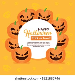 happy halloween banner and frame circular with pumpkins vector illustration design