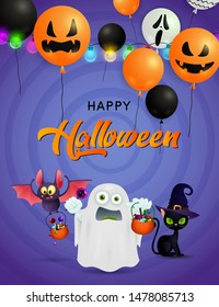 Happy Halloween banner with frightened ghost, funny crazy bat with sweets and black cat in witch hat on purple background. Lettering can be used for invitations, posters, postcards