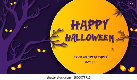 Happy Halloween banner with Full moon in the sky, spiders web and Spooky eyes in paper cut style. Vector illustration. Place for text