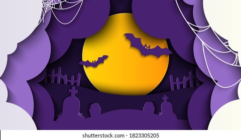 Happy Halloween Banner With Full Moon In The Sky, Bat And Grave In Paper Cut Style. Vector Illustration. Place For Text.