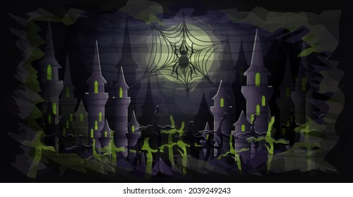 Happy halloween banner with full moon and spider, sinister castle, vector illustration