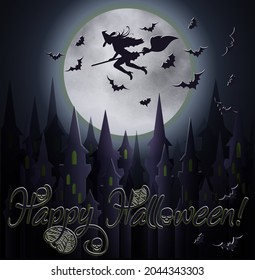 Happy halloween banner with full moon, witch  and  castle silhouettes, vector illustration