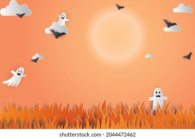 Happy Halloween banner. Full moon in the sky with flying bats and ghosts.Illustratio vectorial