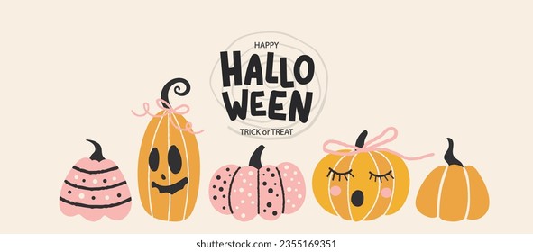 Happy halloween banner with funny hand drawn pumpkins.Vector illustration