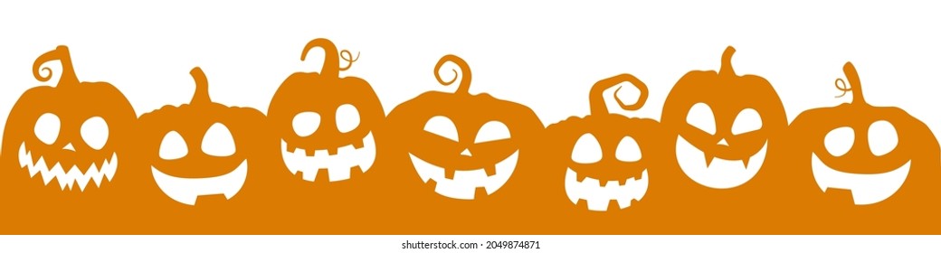 Happy Halloween banner with funny orange pumpkins cut silhouettes on white background. Halloween grinning pumpkins in a row. Vector illustration