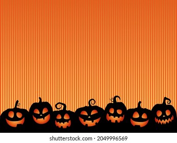 Happy Halloween banner with funny orange pumpkins cut silhouettes on orange background. Halloween grinning pumpkins in a row. Vector illustration