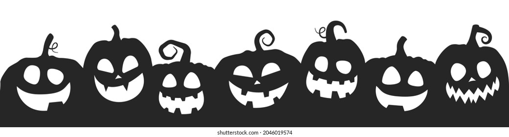 Happy Halloween banner with funny pumpkins cut silhouettes on white background. Halloween grinning pumpkins in a row. Vector illustration