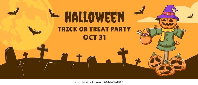 Happy halloween banner with funny scarecrow, bats, pumpkin. vector illustration