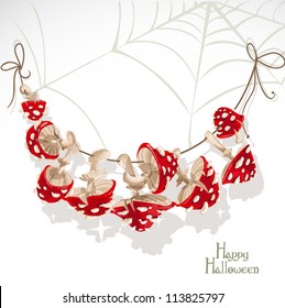 Happy Halloween banner with a garland of Mushroom amanita and cobwebs