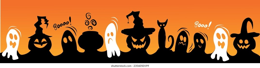 Happy Halloween banner of ghost, cat, pumpkin on orange background. Vector illustration. Halloween banner. Template for banner, poster, flyer, greeting card.