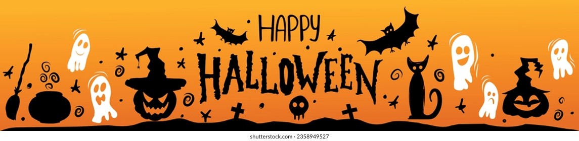 Happy Halloween banner of ghost, cat, pumpkin in witch hat on orange background. Vector illustration. Halloween banner. Template for banner, poster, flyer, greeting card.