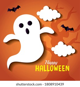 happy halloween banner, with ghost, clouds and bats flying in paper cut style vector illustration design