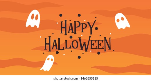 Happy Halloween Banner with Ghost Illustration Template. On Orange Background and Cloud. Vector EPS 10.