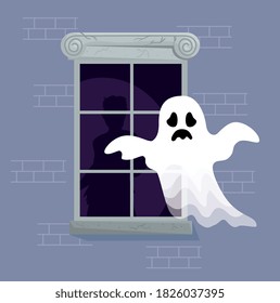 happy halloween banner with ghost and window vector illustration design