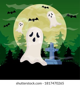happy halloween banner with ghosts in cemetery scene vector illustration design