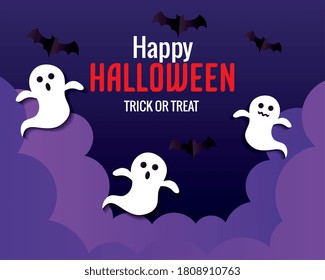 happy halloween banner, with ghosts, clouds and bats flying in paper cut style vector illustration design