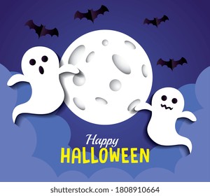 happy halloween banner, with ghosts, full moon and bats flying in paper cut style vector illustration design