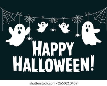 Feliz Banner de Halloween com fantasmas, aranhas e teias de aranha	
