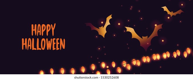 happy halloween banner with glowing bats and lights