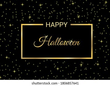 Happy Halloween banner. Gold text with shine. Black background with sparkles. Vector illustration.