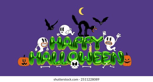 Happy Halloween banner with green font and retro cartoon characters: ghost, bat, black cat, pumpkin, skull, and bones. Vector illustration for holiday posters, flyers, and Halloween-themed designs