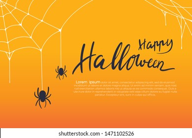 Happy Halloween banner greeting card wallpaper with spider web and calligraphy hand drawn text template design background vector illustration.