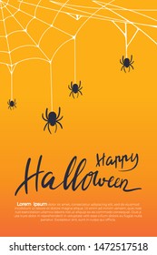 Happy Halloween banner greeting card wallpaper with spider web and calligraphy hand drawn text template design background vector illustration.