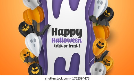 Happy Halloween banner greeting card background in paper cut style. Vector Illustration