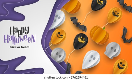 Happy Halloween banner greeting card background in paper cut style. Vector Illustration